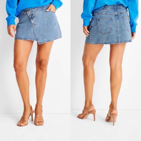 Future Collective Kahlana Barfield Brown Asymmetrical Mini Jean Skirt Denim - Picture 1 of 6